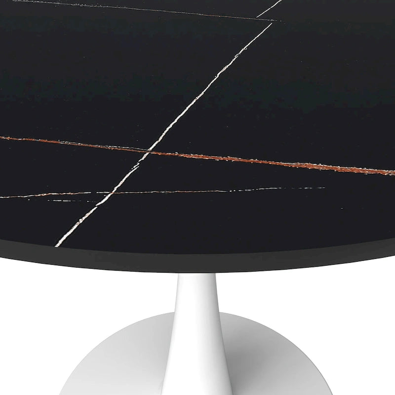 Round Dining Table for 4, 35 Sintered Stone Tabletop with White Stainless Steel Pedestal Base