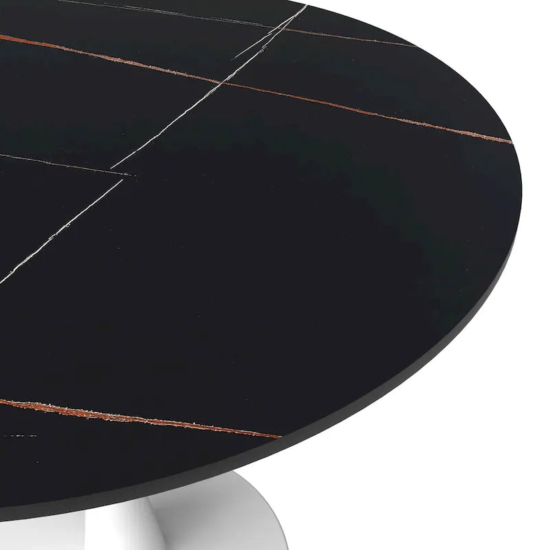 Round Dining Table for 4, 35 Sintered Stone Tabletop with White Stainless Steel Pedestal Base