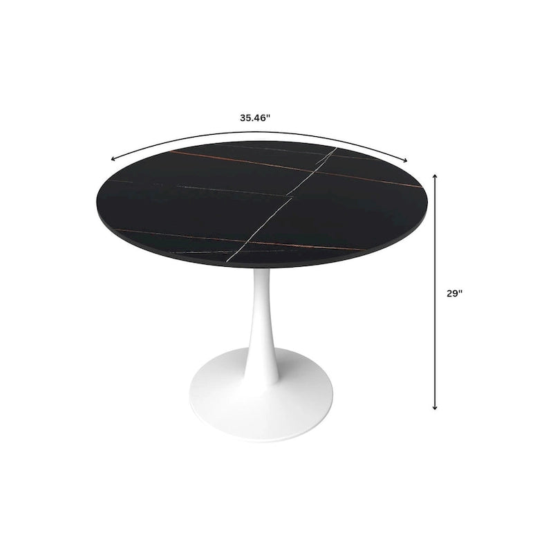 Round Dining Table for 4, 35 Sintered Stone Tabletop with White Stainless Steel Pedestal Base