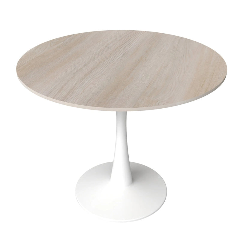 Round Dining Table for 4, 35 Sintered Stone Tabletop with White Stainless Steel Pedestal Base