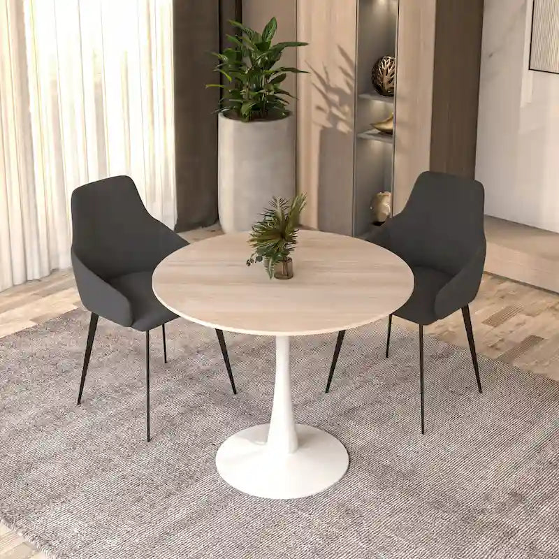 Round Dining Table for 4, 35 Sintered Stone Tabletop with White Stainless Steel Pedestal Base