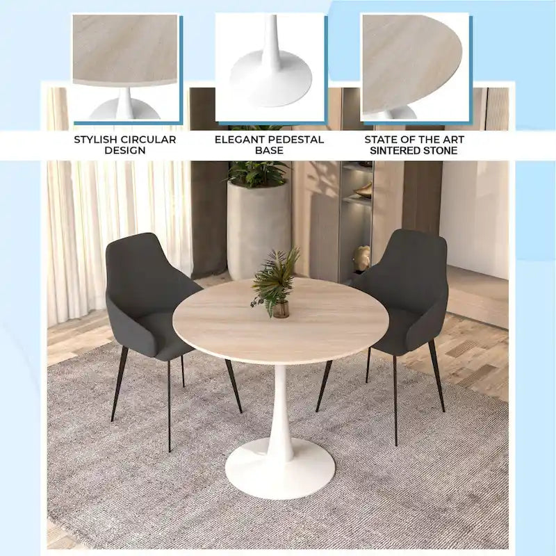 Round Dining Table for 4, 35 Sintered Stone Tabletop with White Stainless Steel Pedestal Base