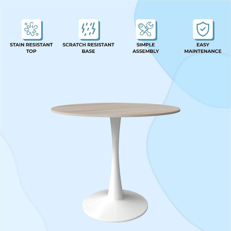 Round Dining Table for 4, 35 Sintered Stone Tabletop with White Stainless Steel Pedestal Base