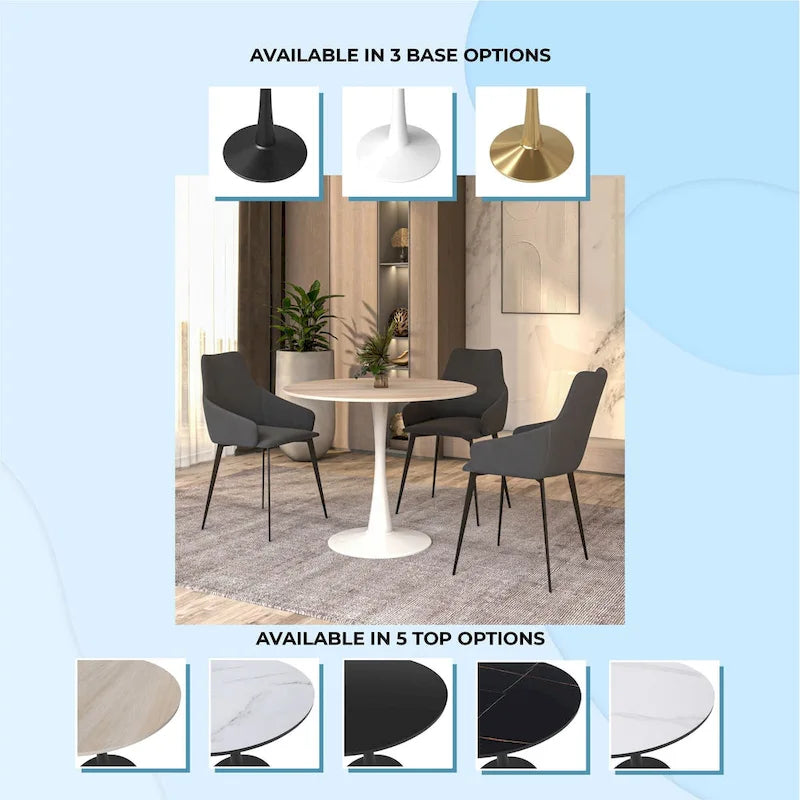 Round Dining Table for 4, 35 Sintered Stone Tabletop with White Stainless Steel Pedestal Base